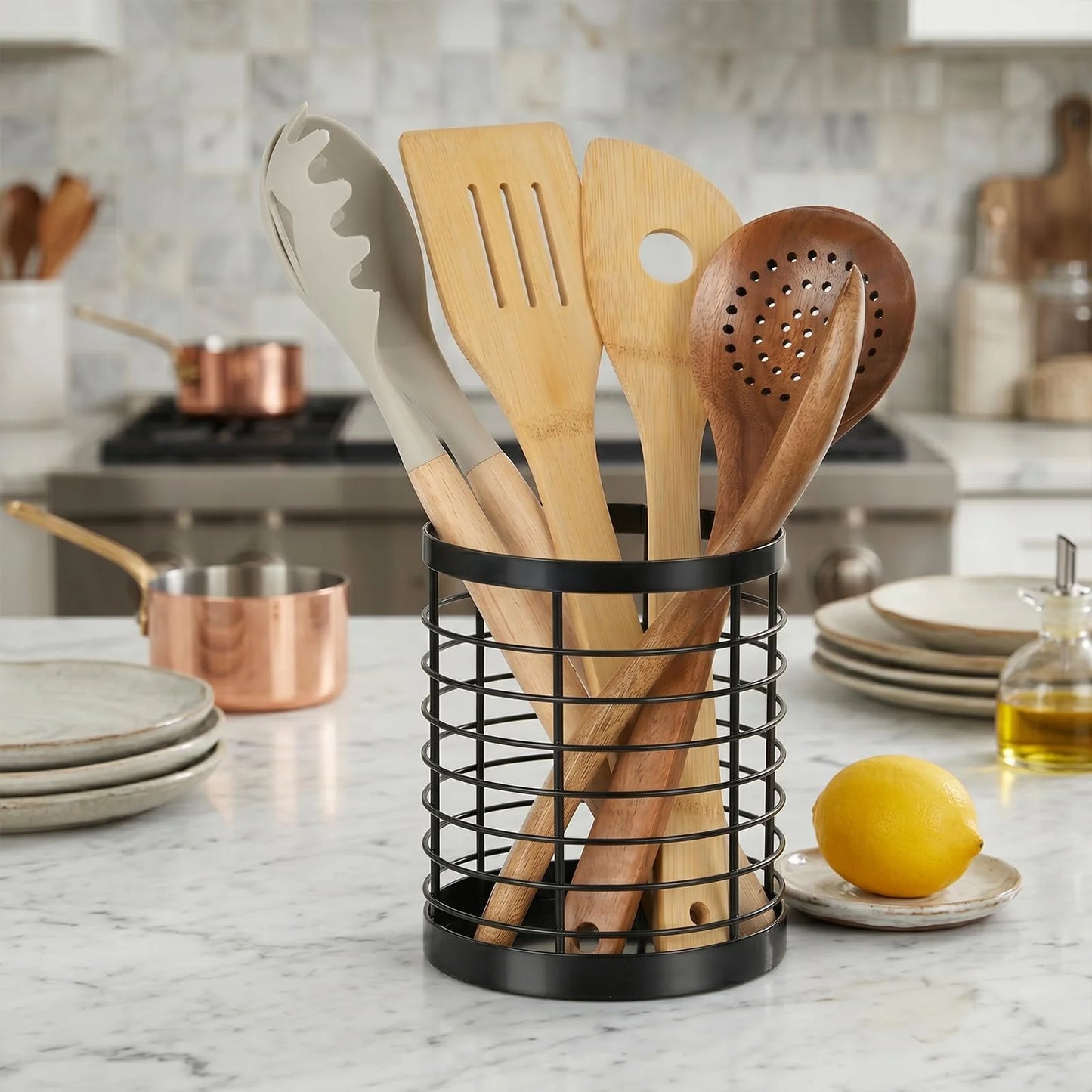 Utensil Holder for Kitchen Counter, Stainless Steel Utensil Crock for Cooking Tools, Spatula, Silverware Forks, Knives, Spoons Countertop Organizer