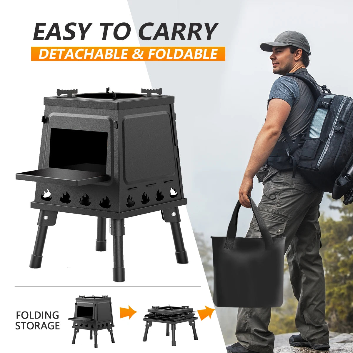 Portable Wood Burning Camp Stove Cast Iron for Outdoor Cooking