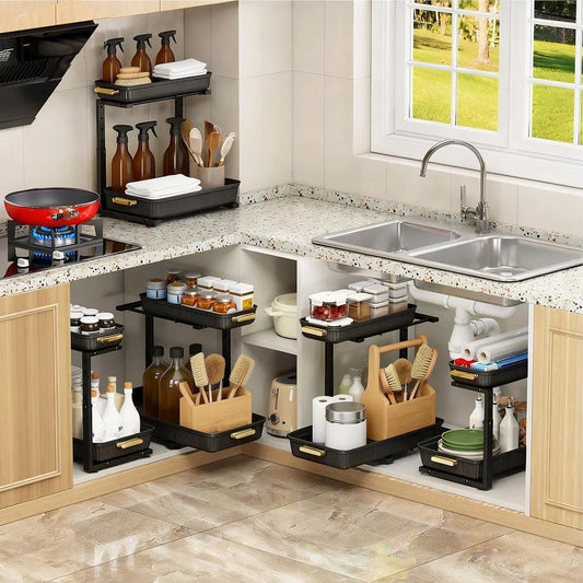 Under Sink Organizer - 2 Packs Multi-Purpose Pull-Out Storage Organizers, Slide out Pull out Cabinet Organizer Shelf, Storage for Kitchen Bathroom