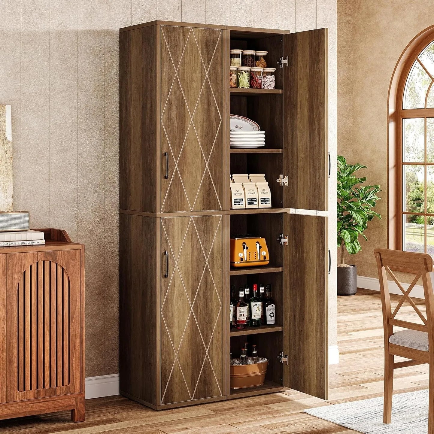 LITTLE TREE 75" Tall Narrow Storage Cabinet,Farmhouse Pantry Cabinet with Doors and 6 Shelves,for Kitchen, Bathroom, Laudry