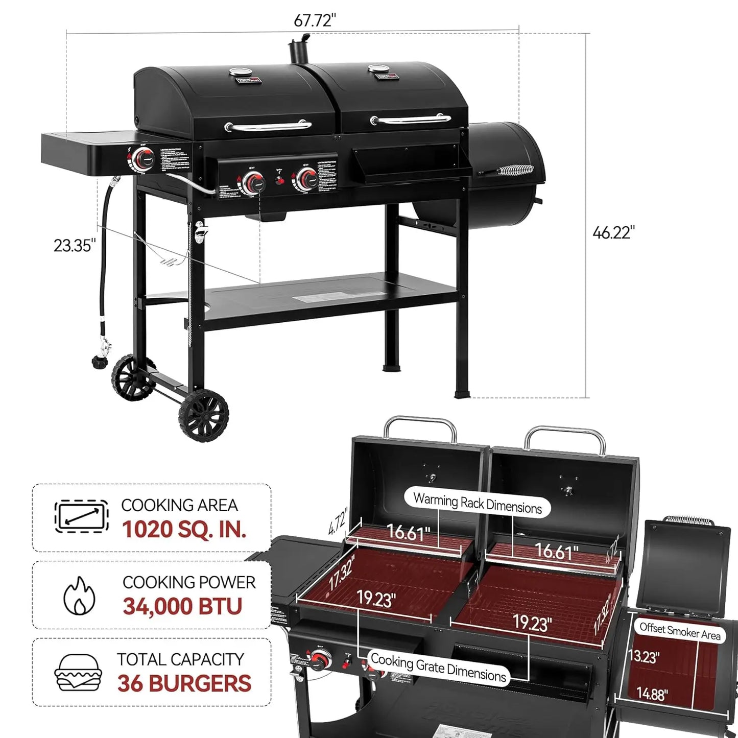 Dual Fuel 2 Burner Grill With Charcoal Gas Offset Smoker