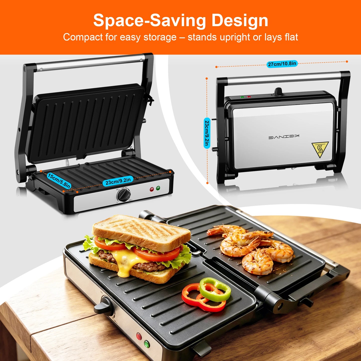 2-Slice Sandwich Maker, 900W Indoor Grill & Panini Press, Adjustable Temperature Control, 180° Flat Opening, Cool-Touch Handle, Kitchen Appliance Gift
