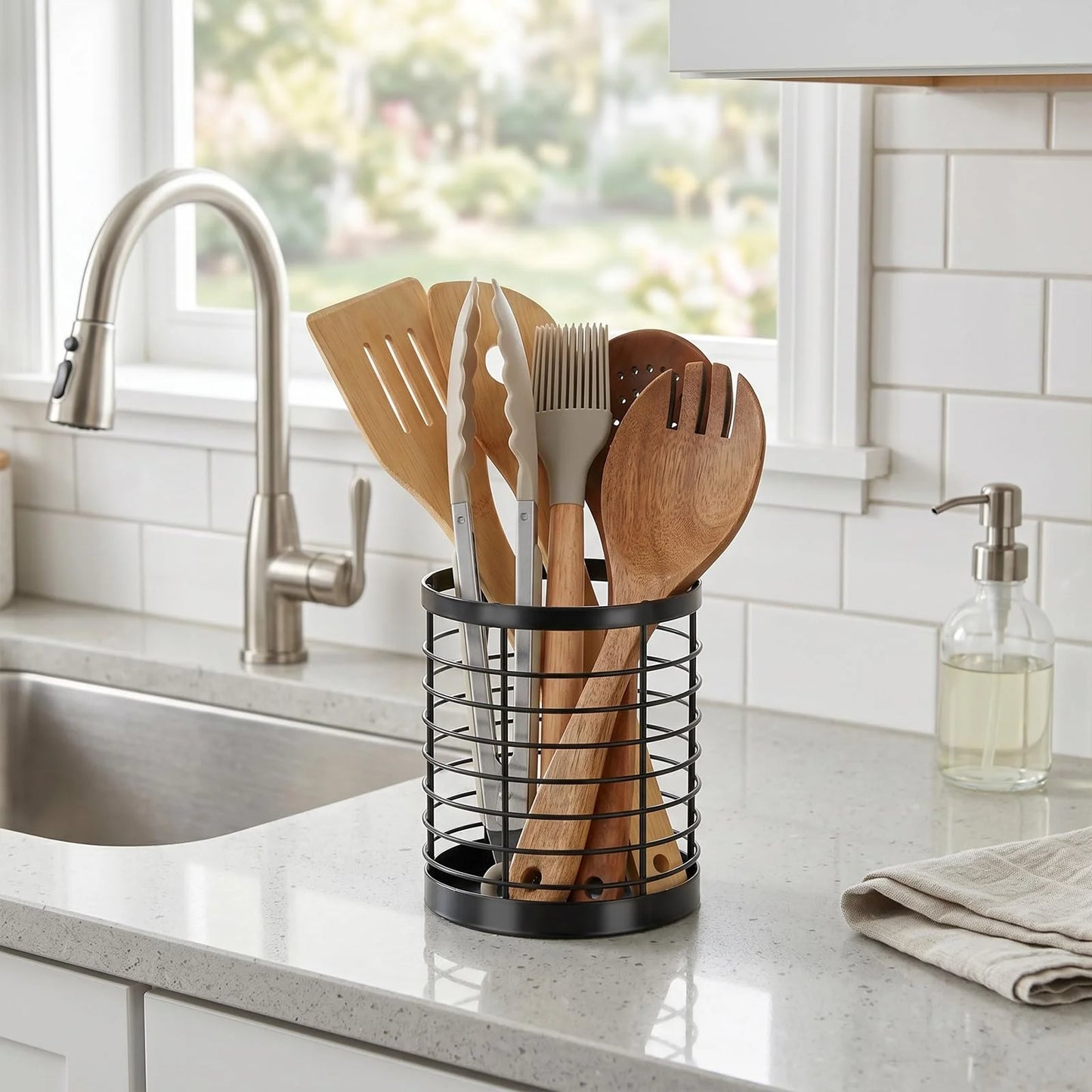 Utensil Holder for Kitchen Counter, Stainless Steel Utensil Crock for Cooking Tools, Spatula, Silverware Forks, Knives, Spoons Countertop Organizer