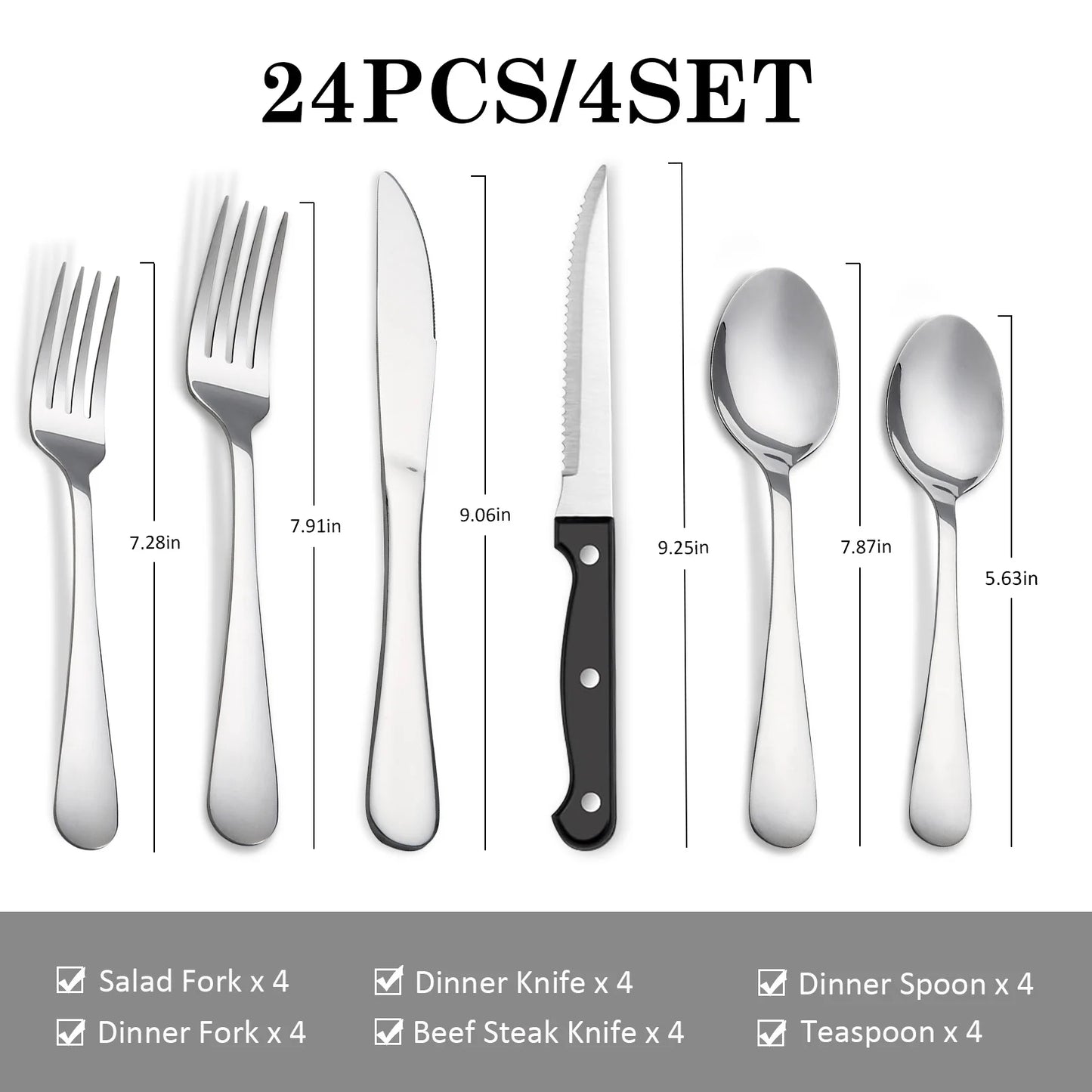 KOOMADE 24Pcs Stainless Steel Flatware Set Service for 4 Mirror Polished Cutlery With Steak Knives Forks Spoons Dishwasher Safe for Home Wedding Holiday Gift