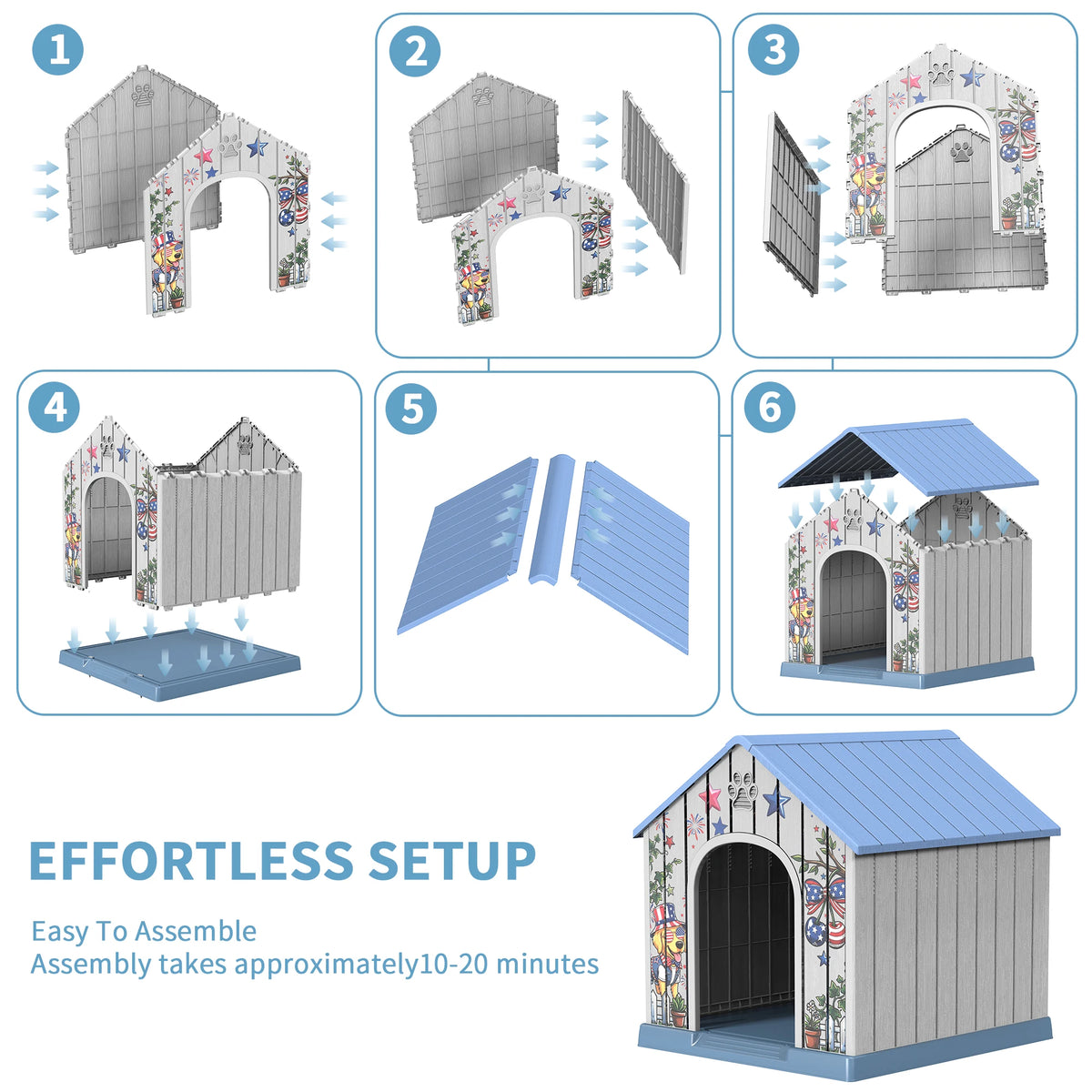 Outdoor Plastic Dog House, Weatherproof Pet Shelter with Printed Pattern Door, Outdoor Dog Cabin for Small Medium Dogs
