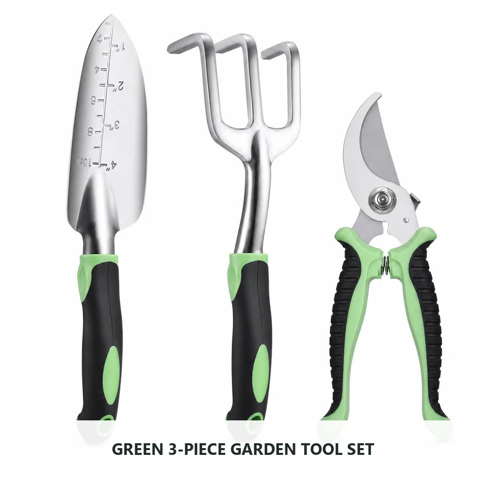 3 Piece Garden Tool Set Aluminum Alloy Gardening Hand Tools Kit with Transplanting Trowel 3 Tine Hand Rake Cultivator and Bypass Pruning Shears Ergonomic Non Slip Handles for Planting Digging Weeding and Trimming