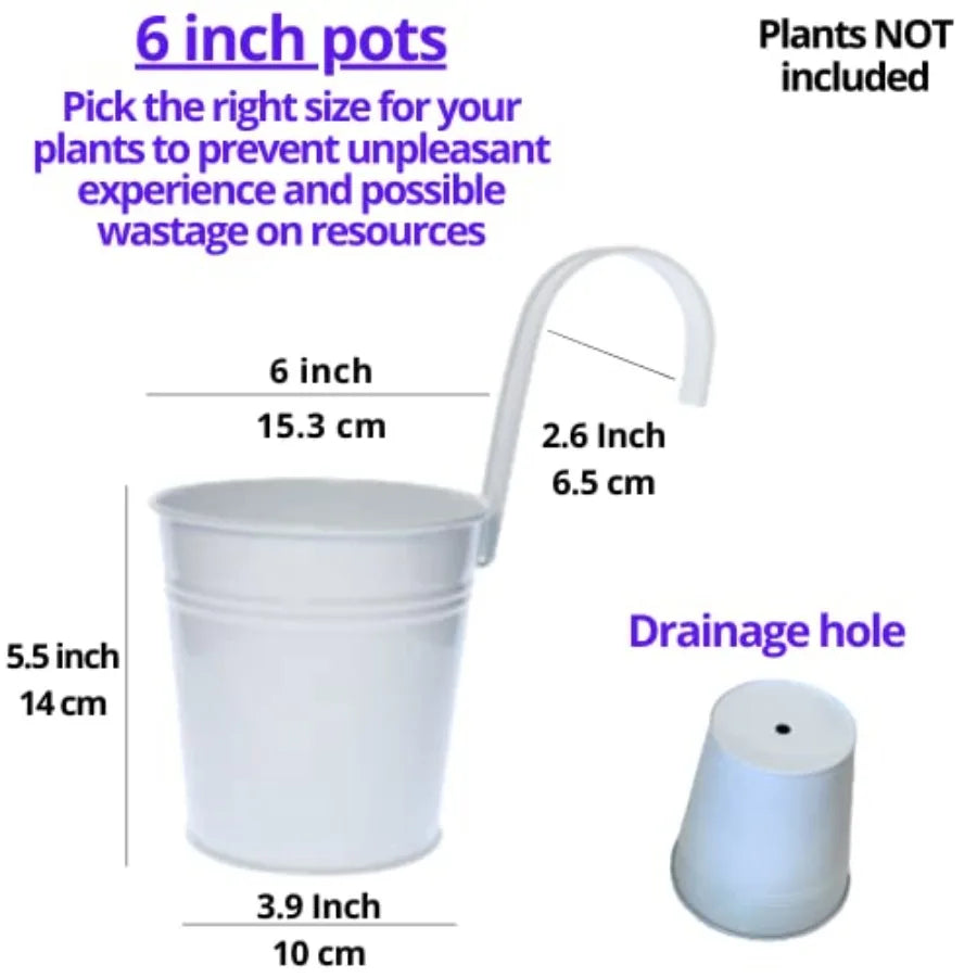 Vertical Hanging Outdoor Planters Bundle: 2 Wooden Plant Holders + 6 White Metal Pot For Fence, Deck, Patio, Or Porch Use