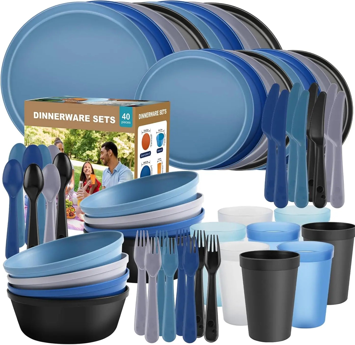 RV Camping Dinnerware Set for 8 Microwave Safe Unbreakable Cutlery