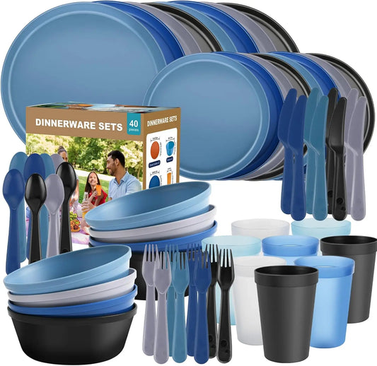 RV Camping Dinnerware Set for 8 Microwave Safe Unbreakable Cutlery