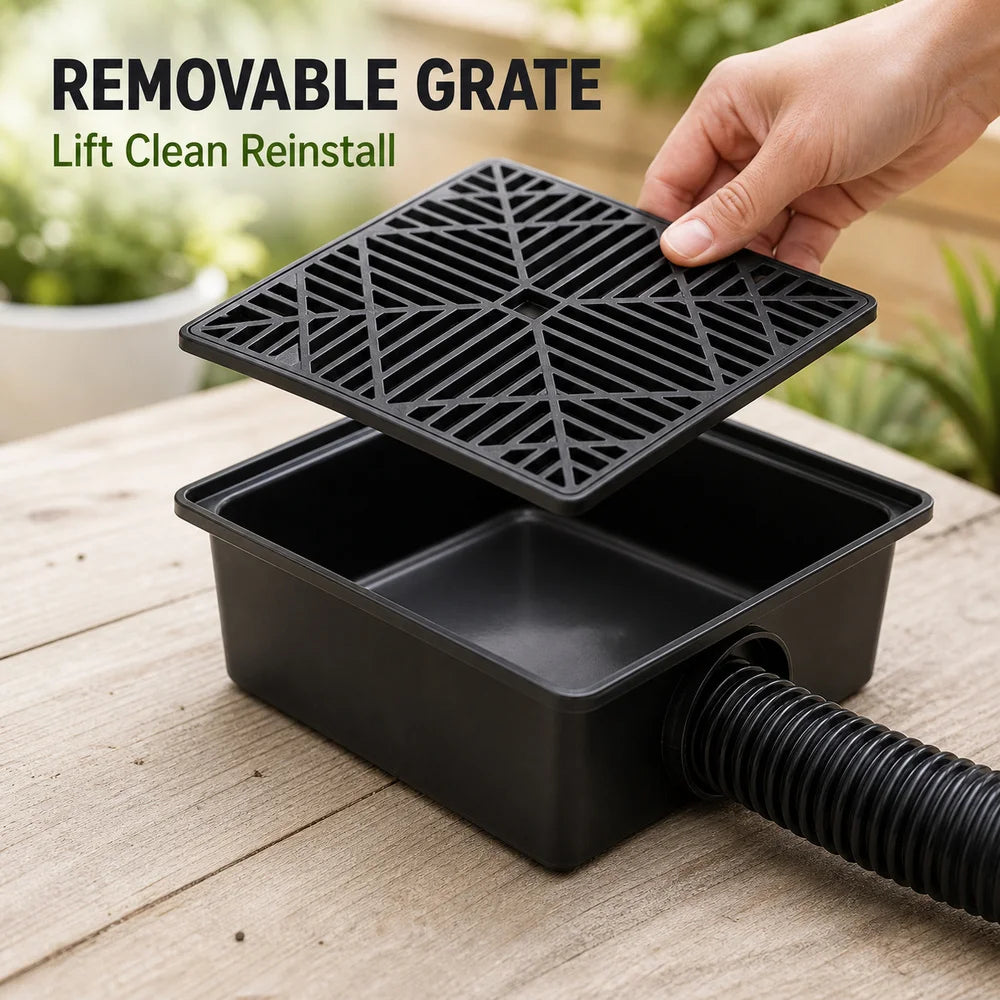 Square Outdoor Drain Catch Basin Kit with Grate Flexible Corrugated Drain Pipe Yard Patio Lawn Garden Downspout Surface Water Drainage System