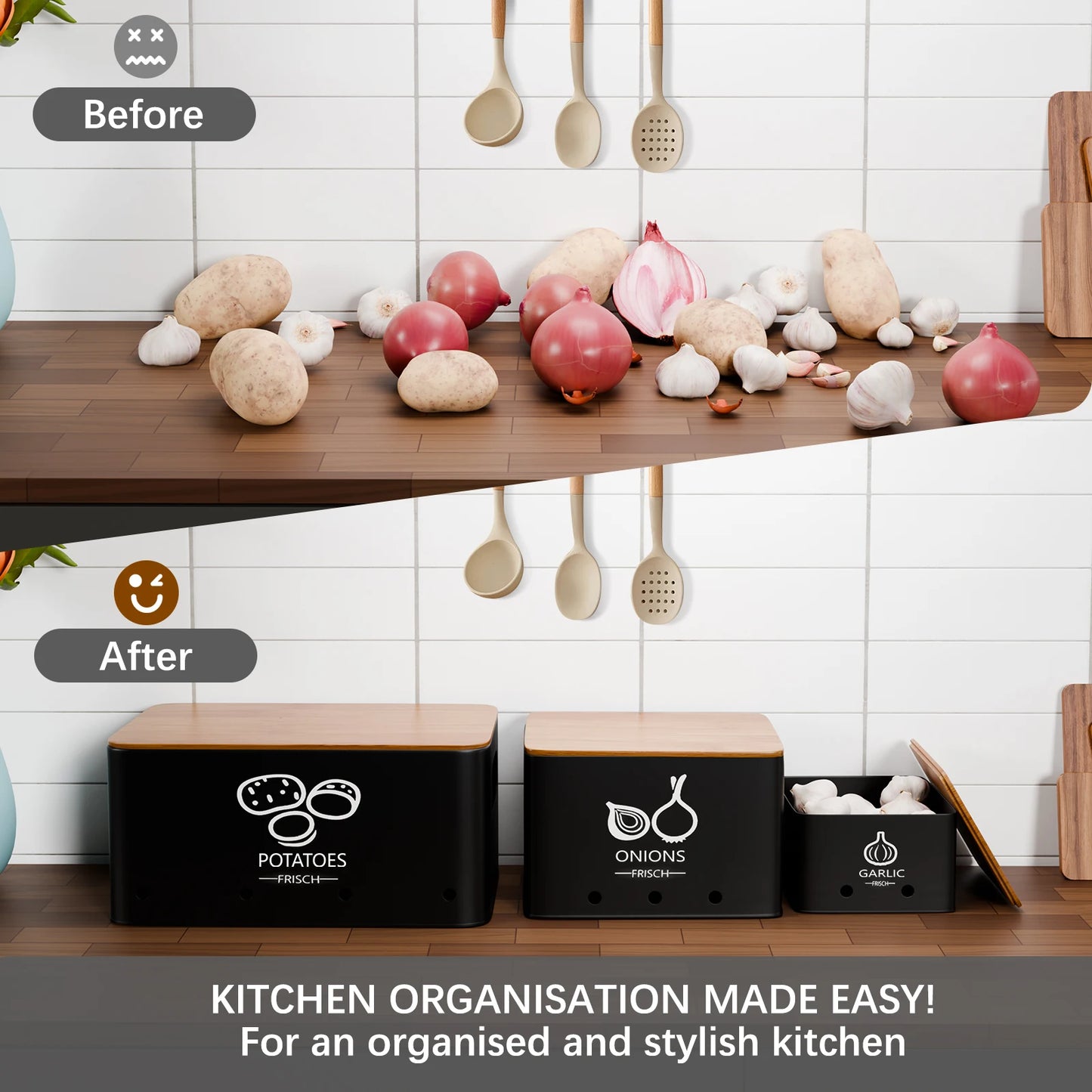 3-Piece Vegetable Storage Box Set, Potato, Onion and Garlic Storage Jars Suitable for Kitchen Countertops, With Lid Metal Vegetable Preservation Boxes, Kitchen Pantry Organiser Jars
