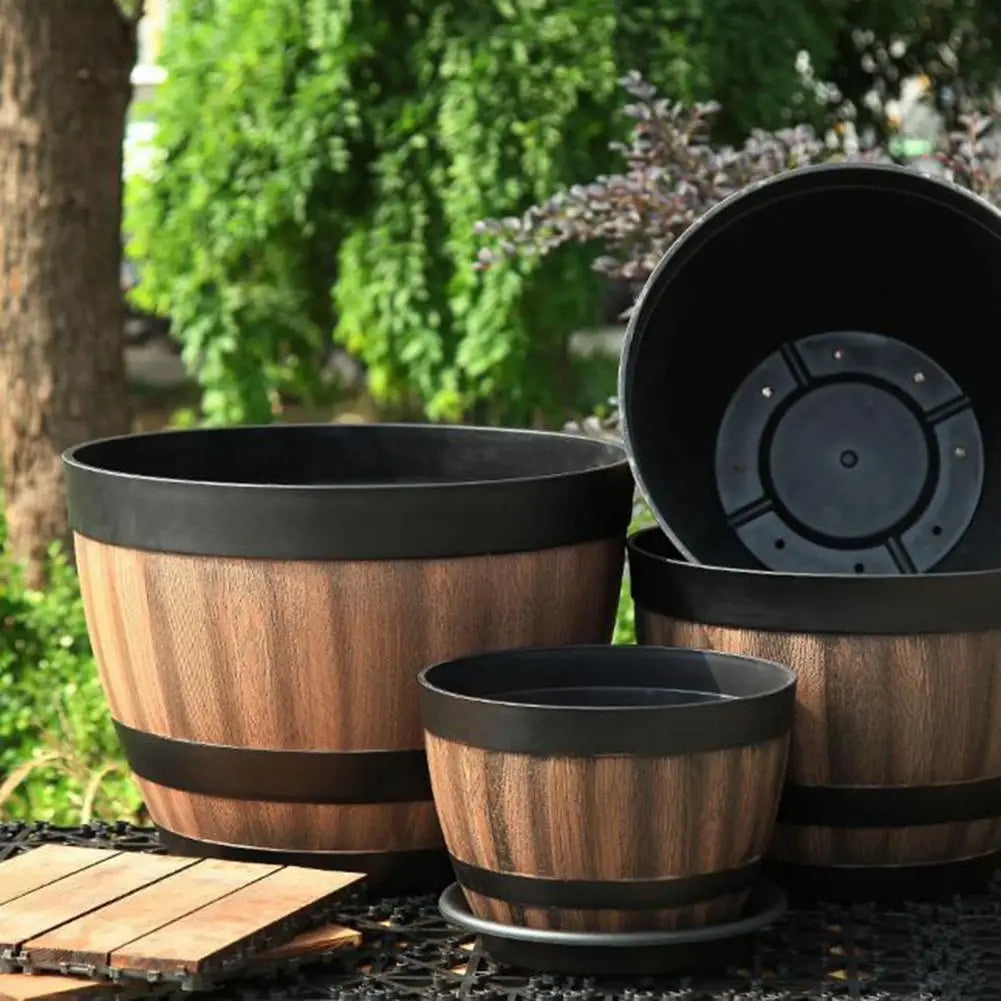 Rustic Farmhouse Whiskey Barrel Planter With Drainage Holes Plastic