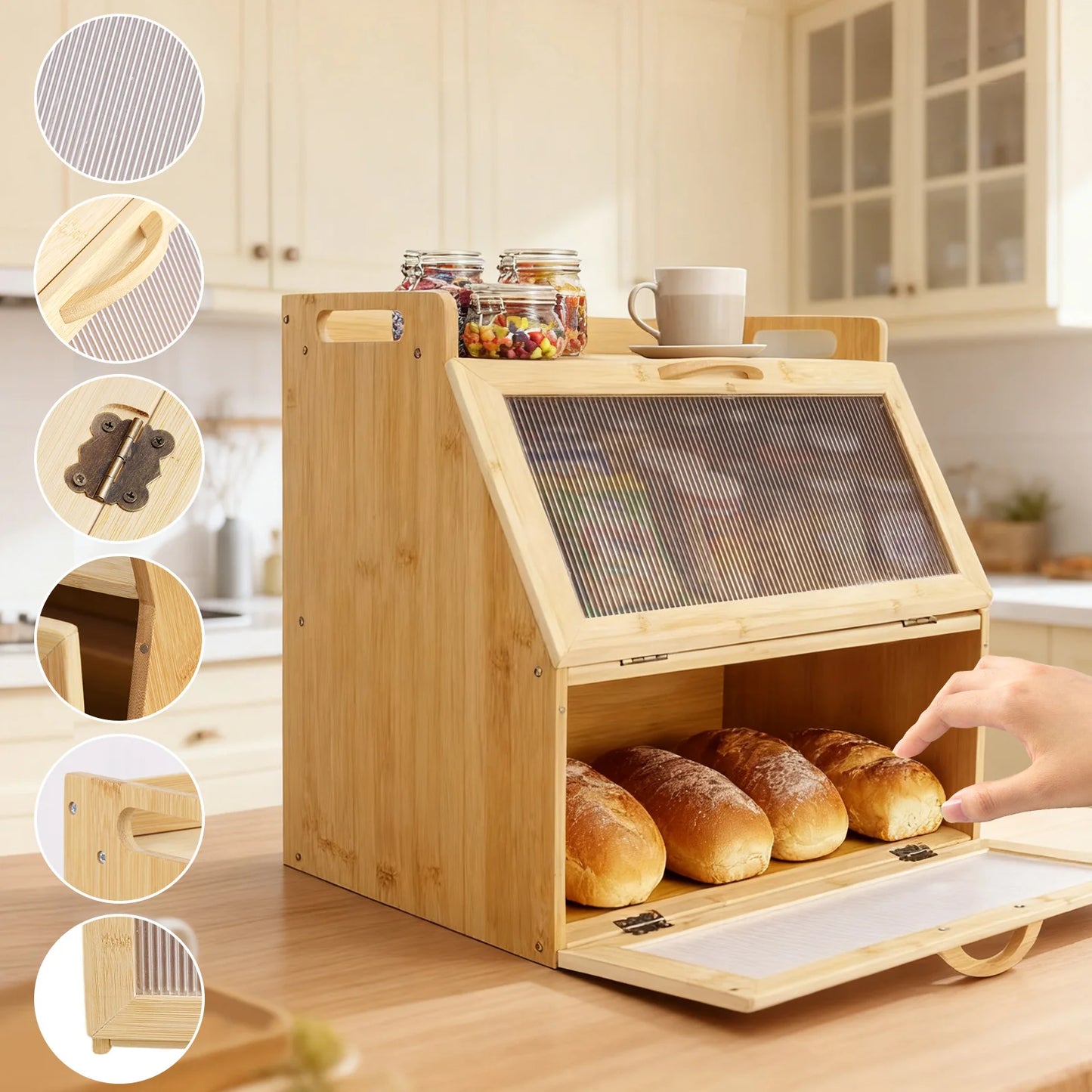 Double Layer Wooden Bread Storage Box Farmhouse Style Countertop Bread Keeper for Kitchen Food Storage
