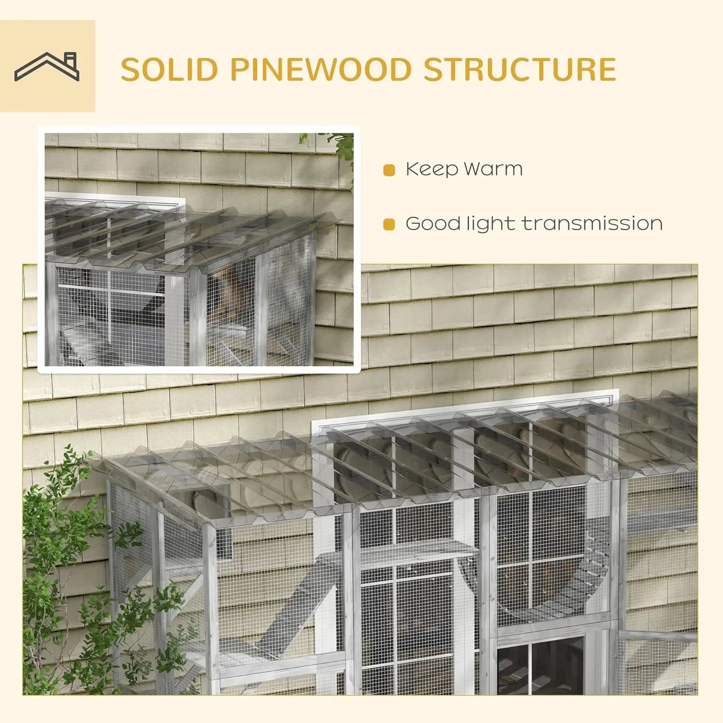 Outdoor Cat Enclosure Window With Weatherproof Roof And Wooden Frame
