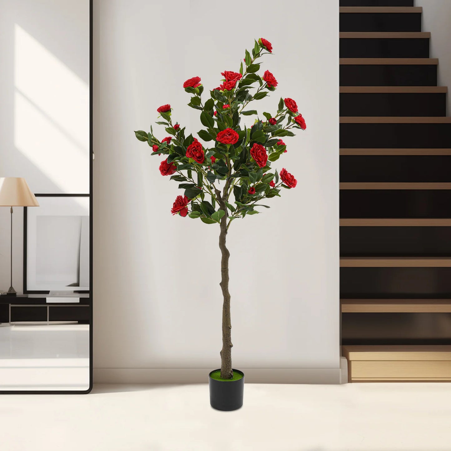 Simulated Tree Camellia Plant In Pot Lifelike Trunk Red Artificial Camellia Trees for Balconies/Shopping Malls/Exhibitions