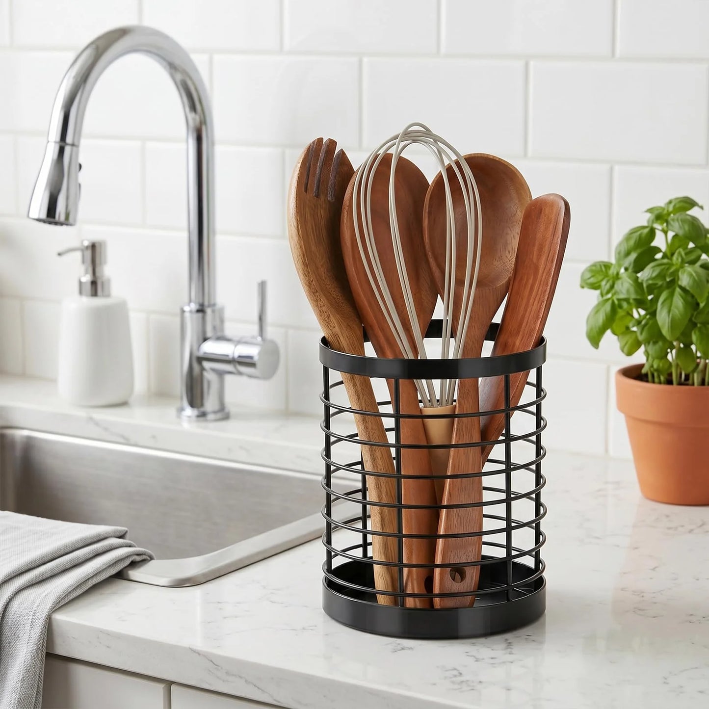 Utensil Holder for Kitchen Counter, Stainless Steel Utensil Crock for Cooking Tools, Spatula, Silverware Forks, Knives, Spoons Countertop Organizer