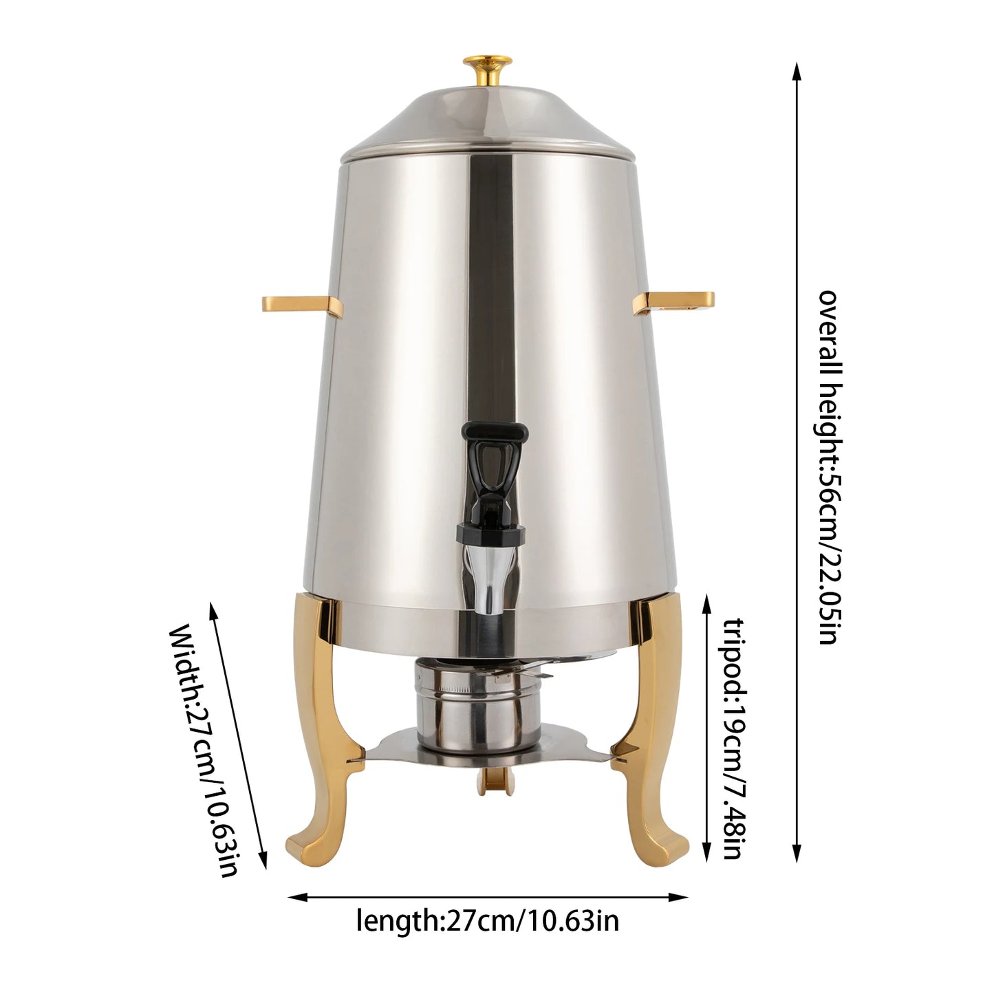 Stainless Steel Hot Beverage Dispenser – Fuel Tray Heating – Electrolytic Polished – Tripod Base – 10.63"x10.63"x22.05" – for Coffee Tea Milk Party Hotel – Silver Gold