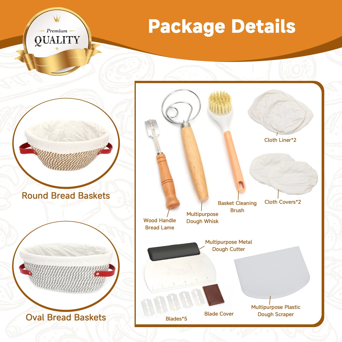 Bread Proofing Basket Set With Banneton Baskets And Dough Whisk