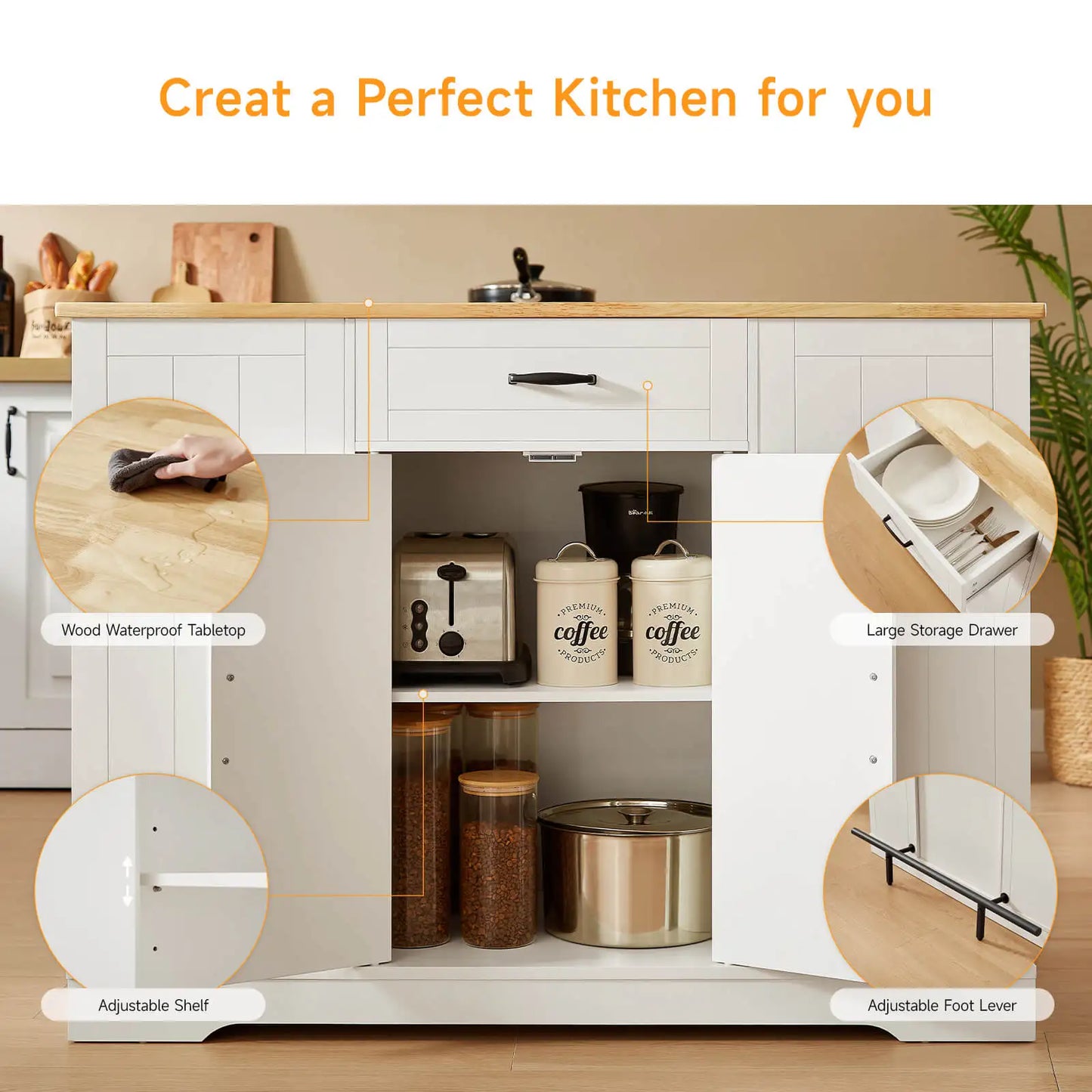 Stationary Kitchen Islands with 2 Chairs, 47" Rolling Kitchen Island with Drop Leaf, Home Bar Table with Spice Rack & Trash Can, Movable Island, Island Table for Dining Room