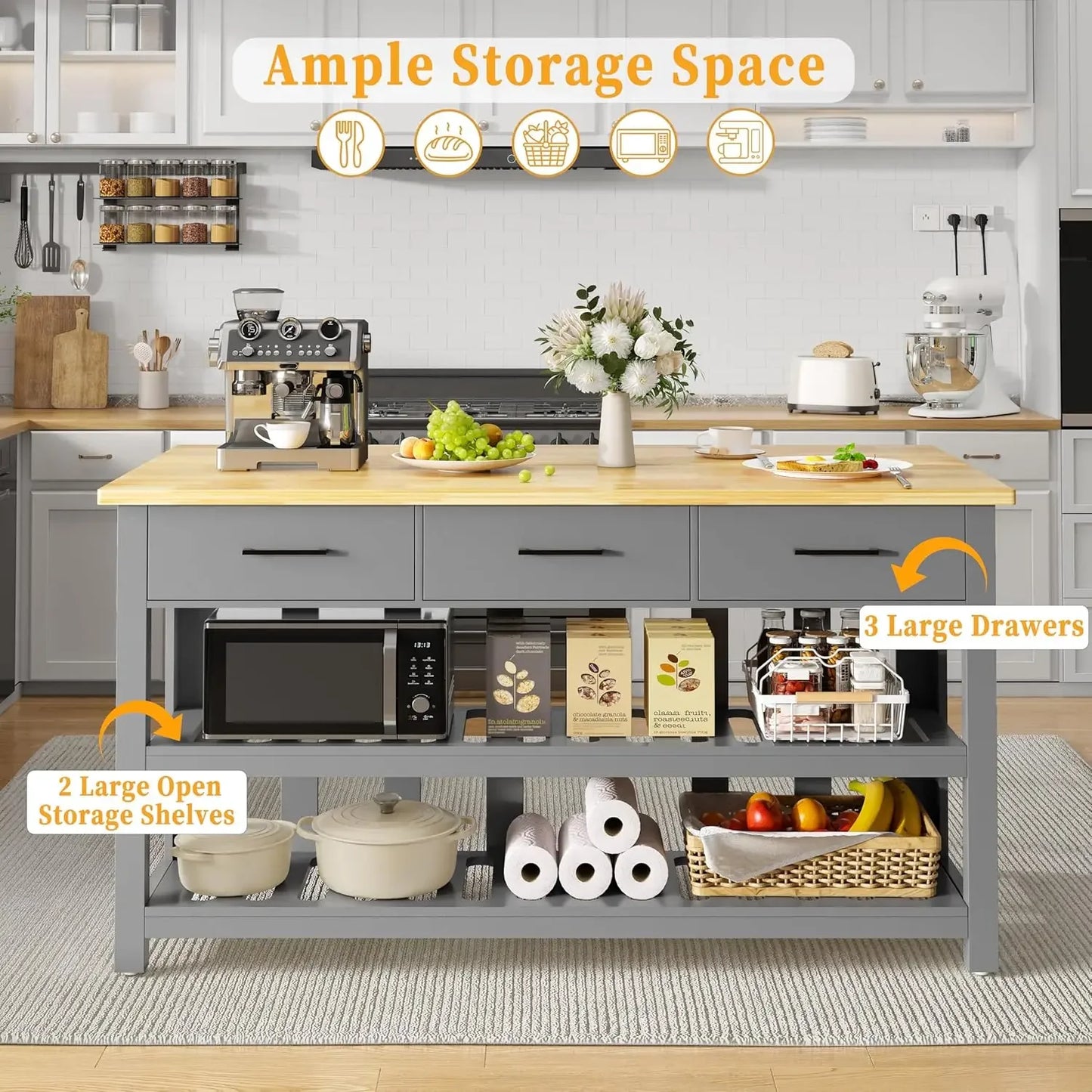 Rubberwood Kitchen Island With Power Outlets And Shelves Farmhouse Style