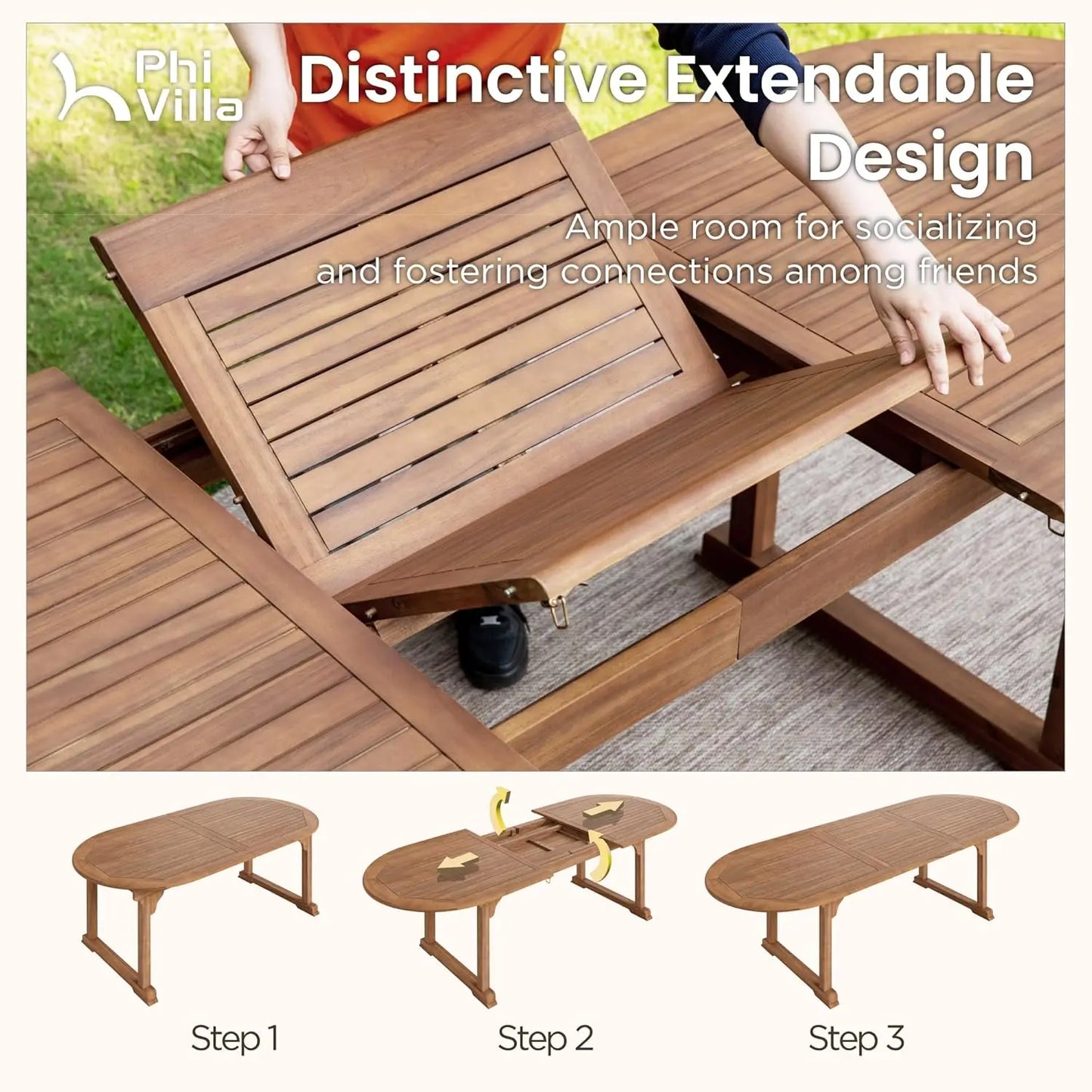 Acacia Wood Outdoor Dining Set Expandable Table and Chairs