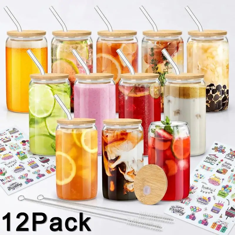 Glass Cups Set With Bamboo Lids Glass Straws And Brushes