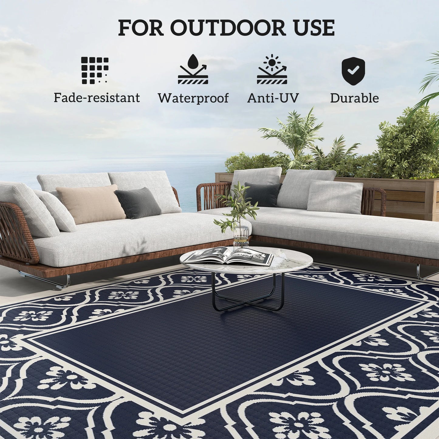 Outdoor Rug, 8' x 10' Plastic Straw, Blue White Gourd Border