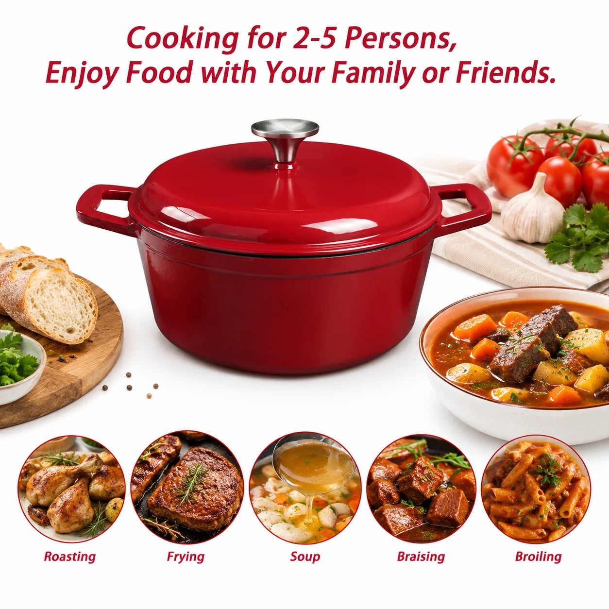 HanSmart Enameled Cast Iron Dutch Oven With Lid For Braising