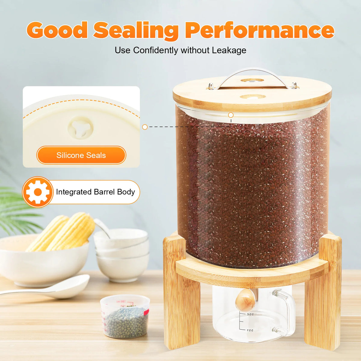 5L 1.32Gal Airtight Cereal Dispenser Stainless Steel Glass Silicone Bamboo Measuring Cup Moisture Proof Grain Storage Container
