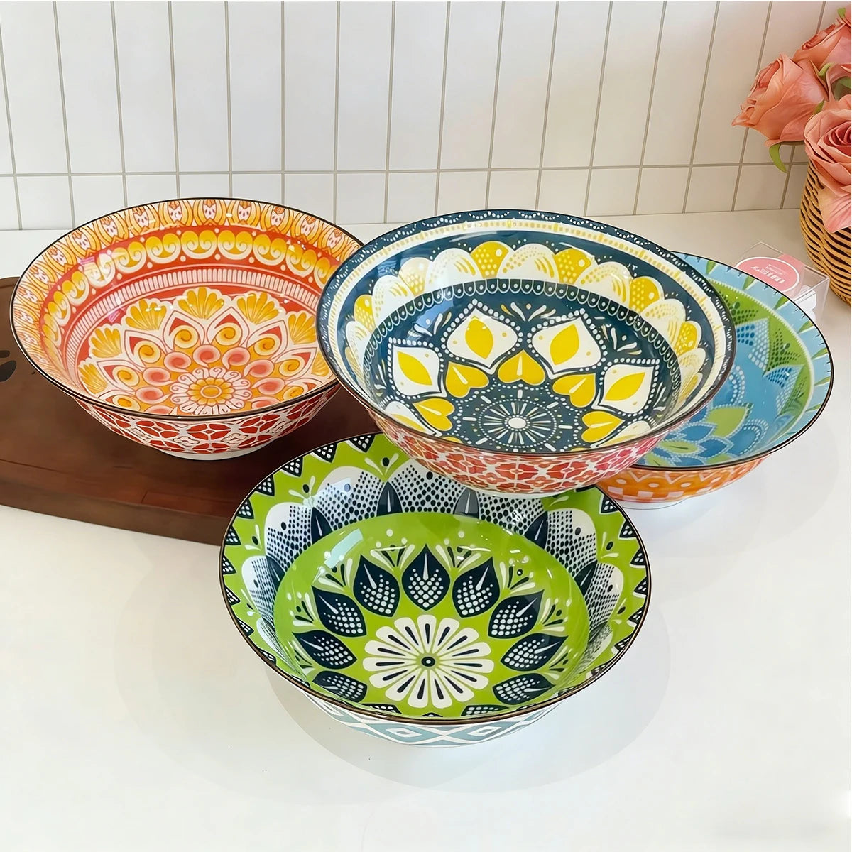 Bohemian Ceramic Soup Bowl Set, Microwave And Dishwasher Safe, Ramen Pasta Bowls