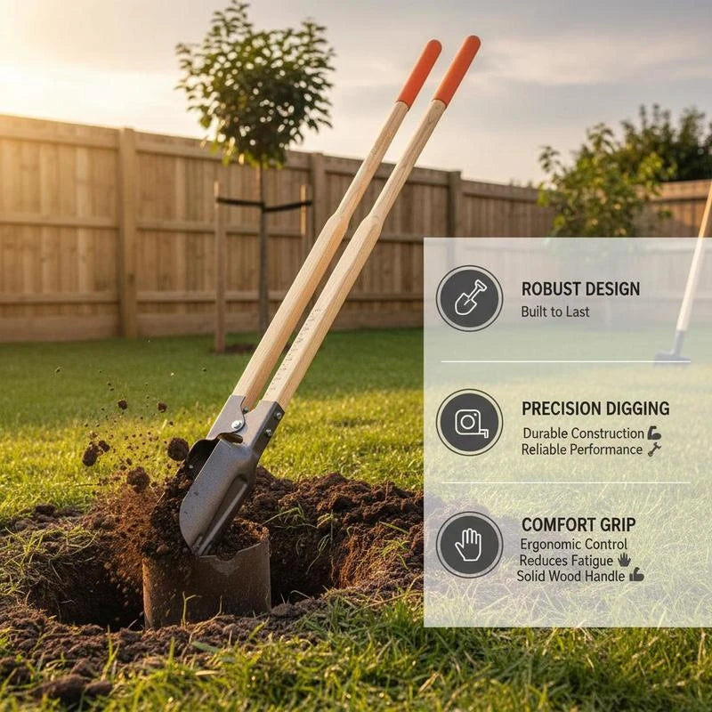 Manual Soil Auger 57.5-Inch For Fencing Landscaping Gardening, Wood Handle Scale Markings Metal Blade Heavy Duty Tool