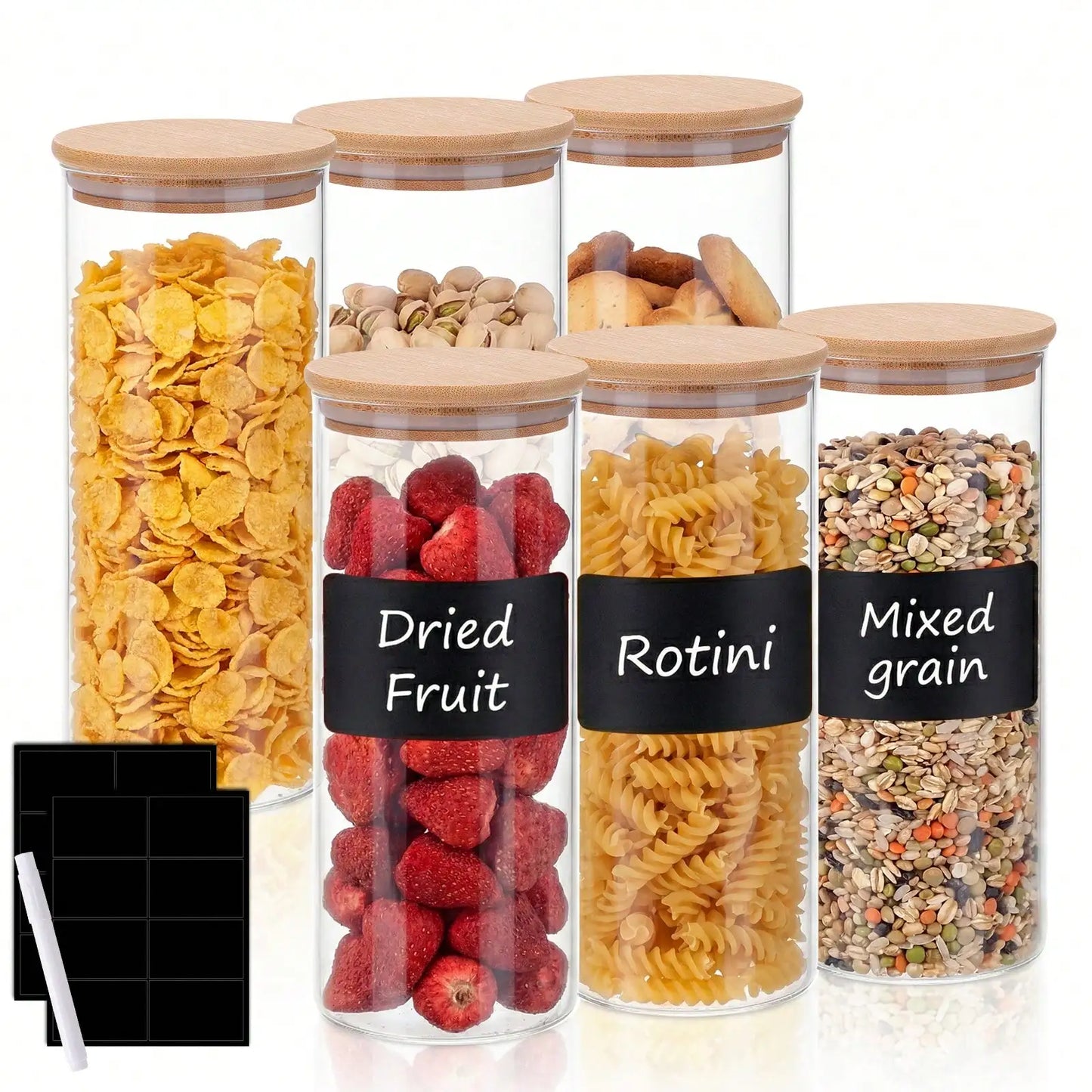 Glass Food Storage Containers Modern Nordic Kitchen Storage Canister Clear Glass With Bamboo Lid 6Pcs Set 1L 34oz Airtight Leakproof For Kitchen Pantry Organization Flour Pasta Coffee