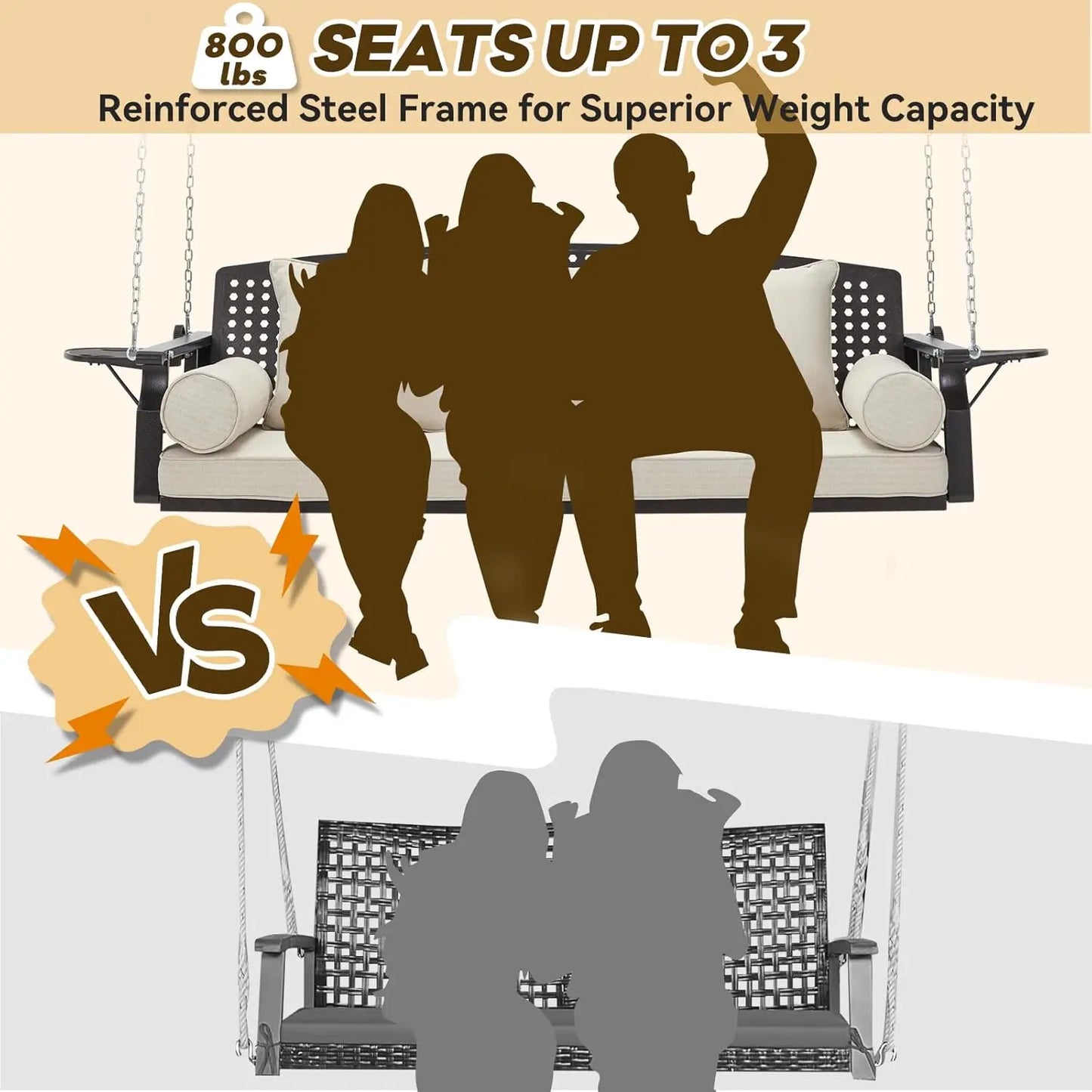 Three Seat Porch Swing With Cup Holders And Cushions