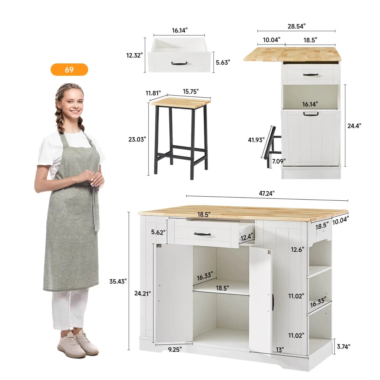 Stationary Kitchen Islands with 2 Chairs, 47" Rolling Kitchen Island with Drop Leaf, Home Bar Table with Spice Rack & Trash Can, Movable Island, Island Table for Dining Room
