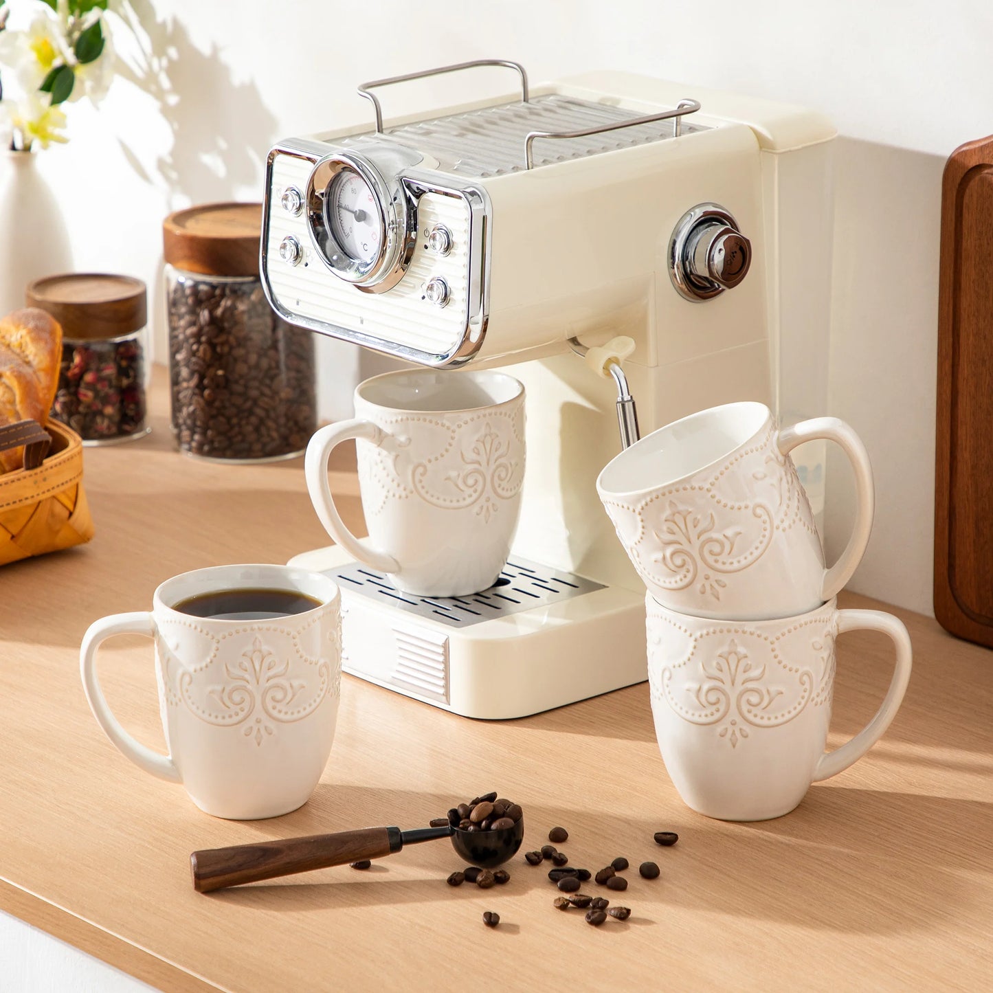 MALACASA GISELLE 4/8 PCS Porcelain Cup Sets 14 Oz Retro Relife Coffee Cup Sets Ceramic Mug Sets for Milk/Cappuccino Two Option