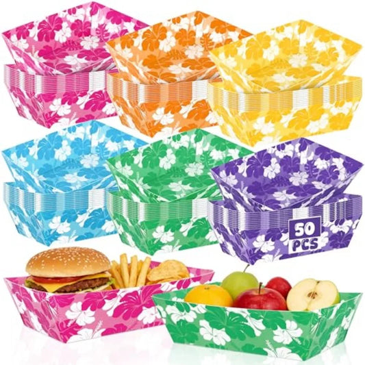 Luau Party Disposable Hibiscus Paper Trays And Aloha Serving Boats