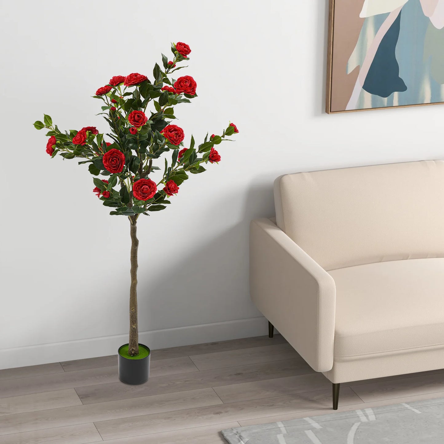 Simulated Tree Camellia Plant In Pot Lifelike Trunk Red Artificial Camellia Trees for Balconies/Shopping Malls/Exhibitions