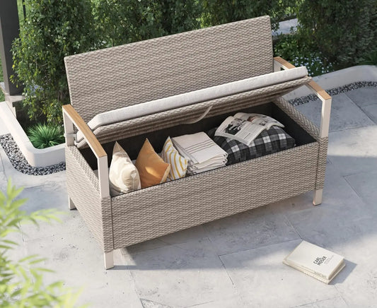 Outdoor Storage Bench Wicker Deck Box Water Resistant Cushion
