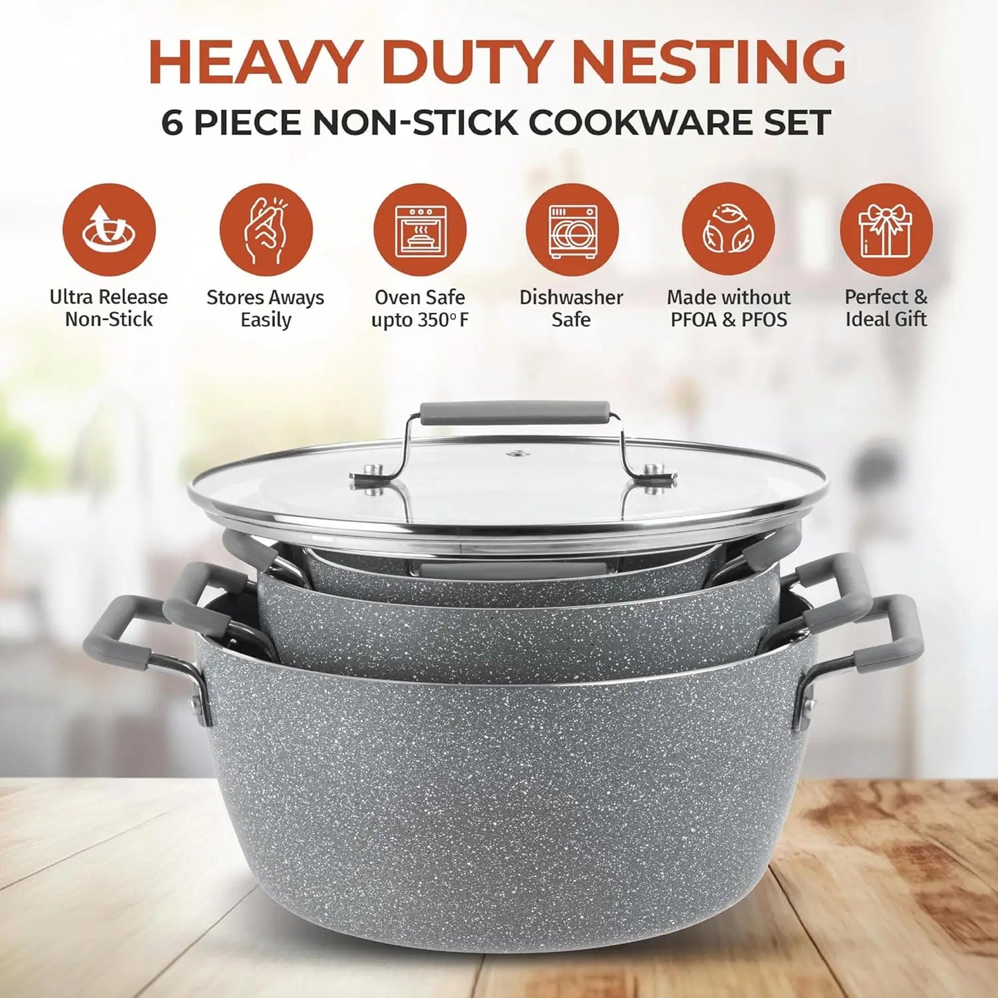 Nonstick Stackable Pots Set Six Piece Gray Granite Coated Cookware Lids