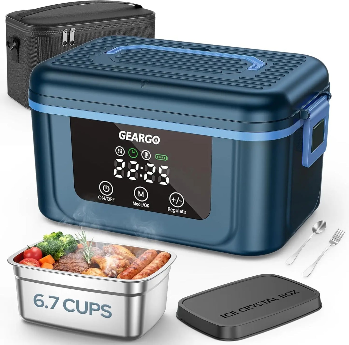 Cordless Electric Lunch Box,1.4L 24000mAh Rechargeable Heated Lunch Box with Ice Crystal Box,24 Hours Self Heating Lunchbox