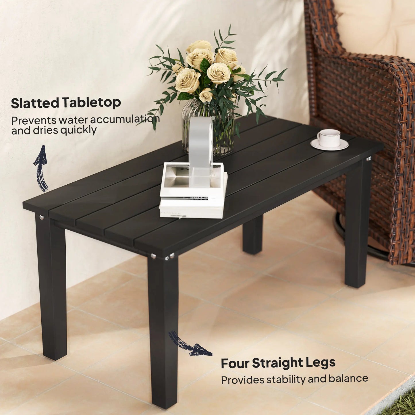 Hdpe Outdoor Coffee Table, Rectangle Slatted Patio Table, Black