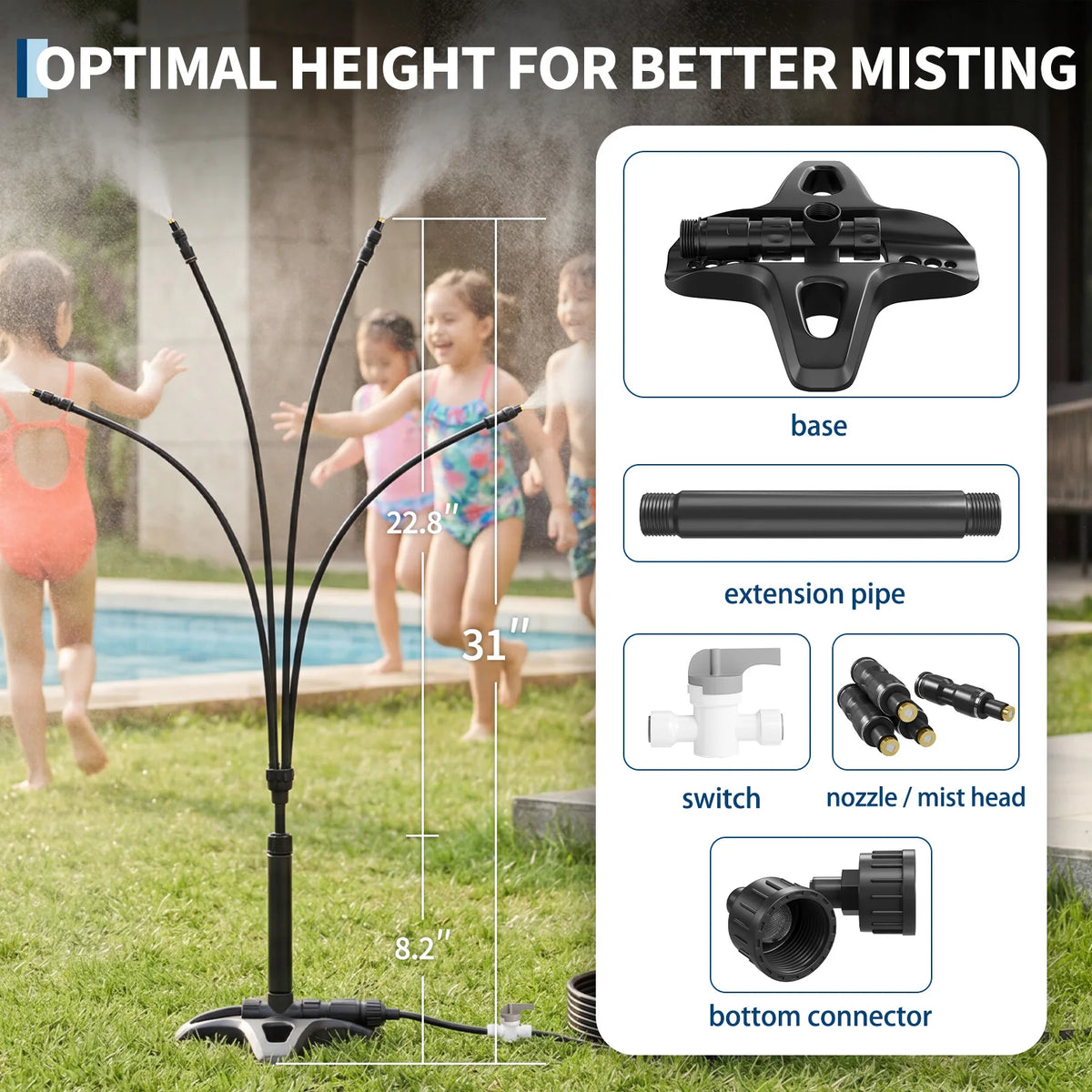 Durable ABS Misting Cooling System for Patio & Garden – 10M Inlet Hose with Connectors – Freestanding Outdoor Mister, Black, Efficient Backyard, Lawn & BBQ Cooling