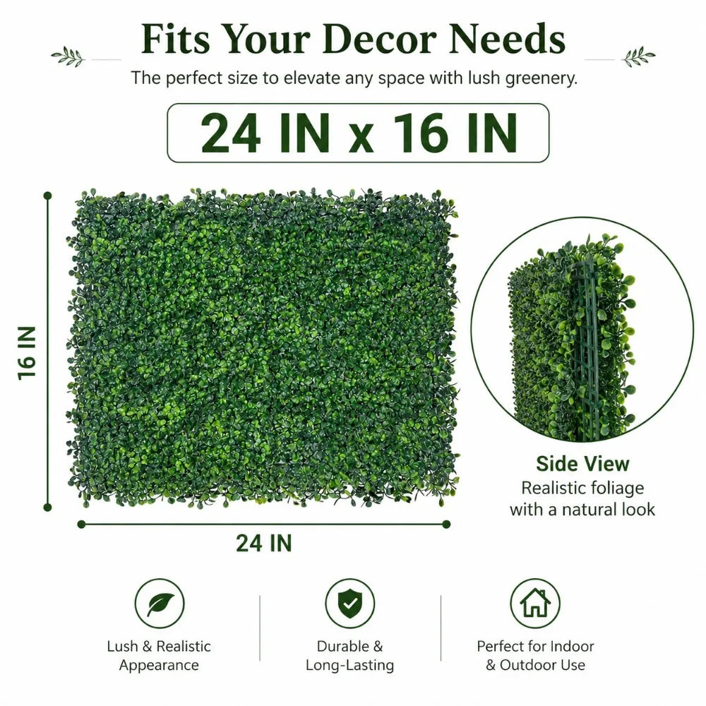 12/24 Pack 24x16 Inch Boxwood Hedge Panels, 32/64 Sq Ft, 1.6" UV Resistant Artificial Plant Wall, Privacy Screen for Garden & Backyard