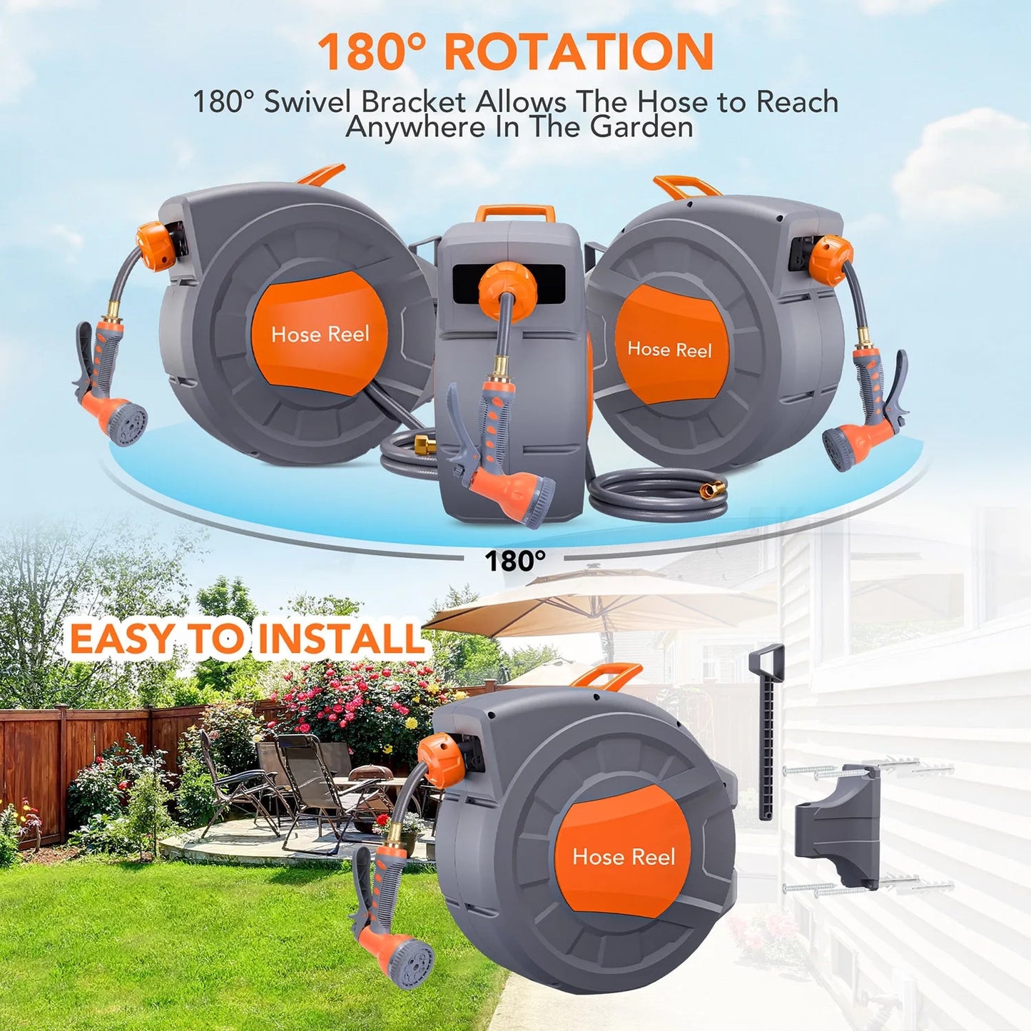 Retractable & Wall-Mounted Garden Hose Reel - 1/2" x 65FT/100FT with 9-Function Sprayer, Auto Rewind, 180° Swivel, Any Length Lock - Durable Garden Irrigation Tool