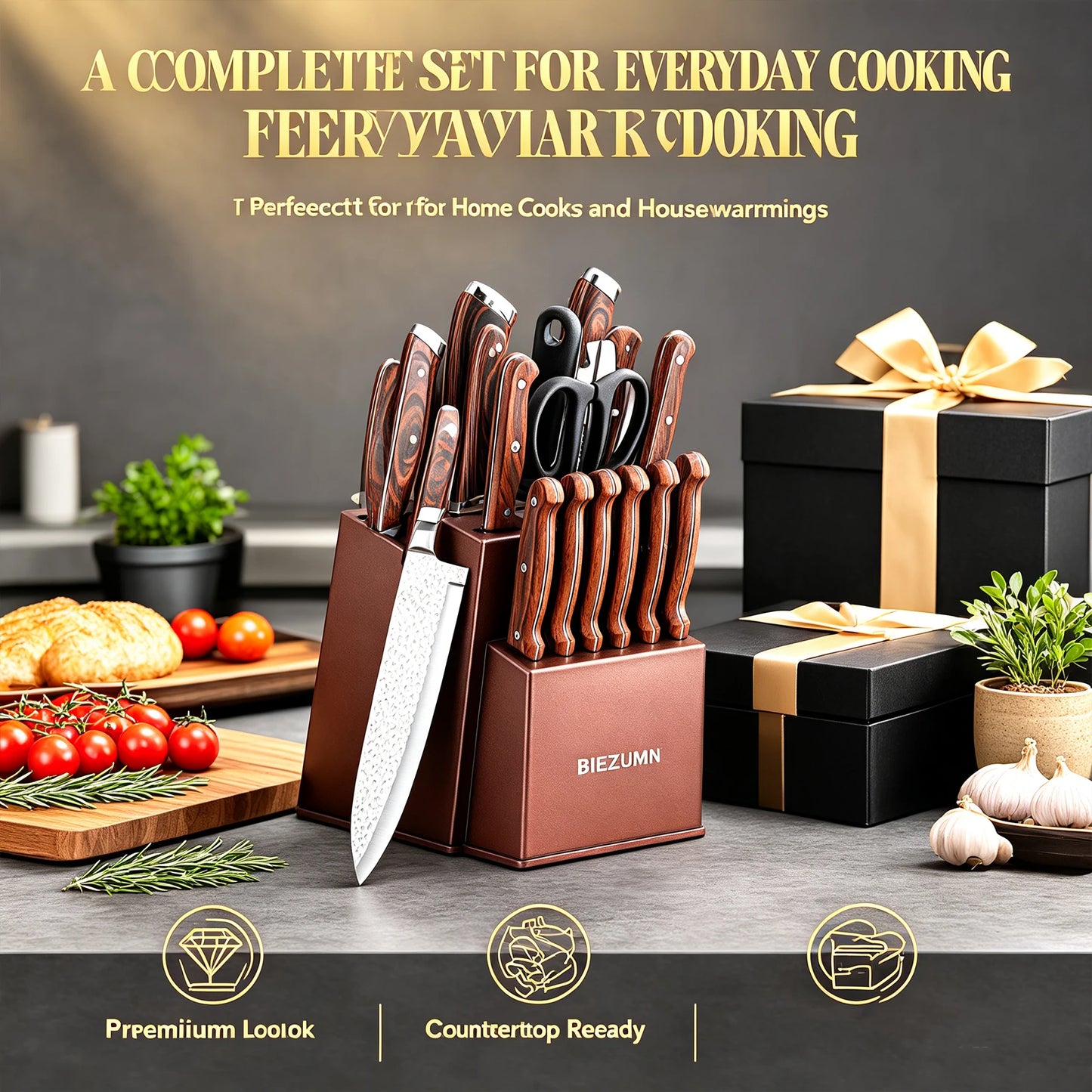 6/15Pcs Hammer Forged Kitchen Knife Set Pakka Wooden Handle Sharp Chef Knives Collection with Storage Block Scissors for Home Kitchen Cooking