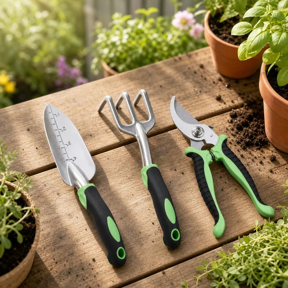 3 Piece Garden Tool Set Aluminum Alloy Gardening Hand Tools Kit with Transplanting Trowel 3 Tine Hand Rake Cultivator and Bypass Pruning Shears Ergonomic Non Slip Handles for Planting Digging Weeding and Trimming