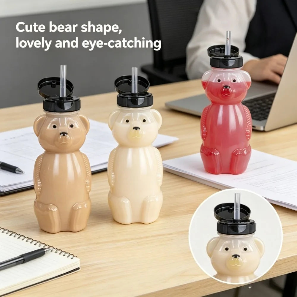 Bear Shaped Kids Water Bottles With Flip Straw Lids