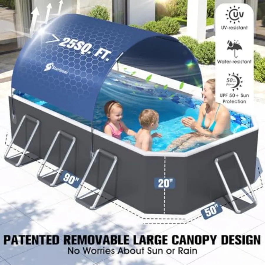 Foldable Pool With Canopy For Backyard Use Non-Inflatable Portable Collapsible