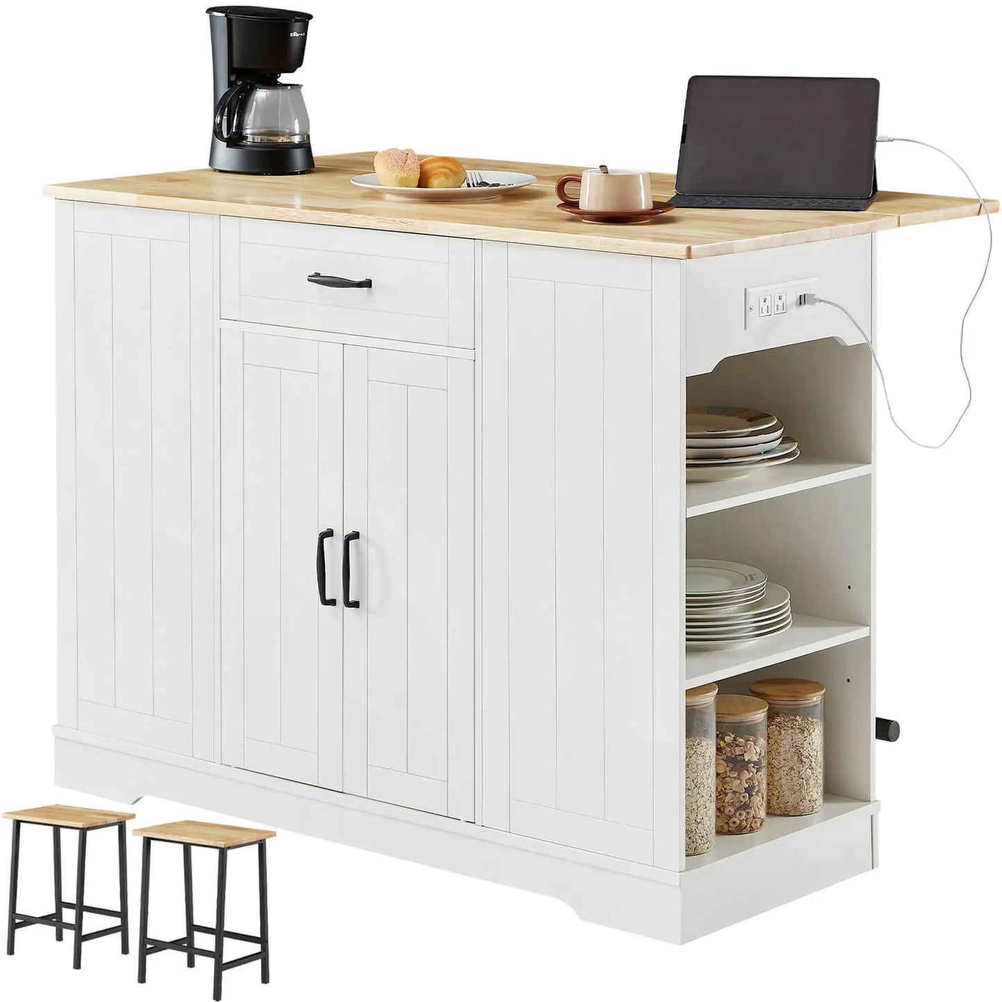 Stationary Kitchen Islands with 2 Chairs, 47" Rolling Kitchen Island with Drop Leaf, Home Bar Table with Spice Rack & Trash Can, Movable Island, Island Table for Dining Room