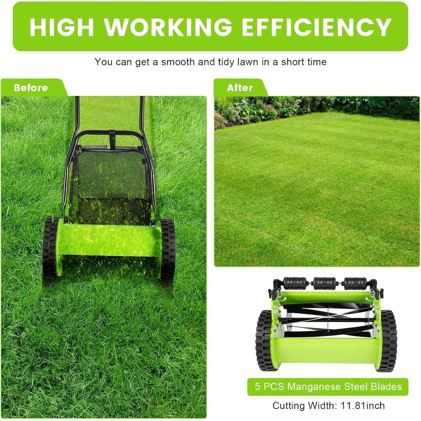 12 Inch 5-Blade Push Reel Lawn Mower, Cordless Manual Lawn Mower with Grass Catcher, Adjustable Cutting Height, Walk-Behind Lawn Mowers for Yard, Garden